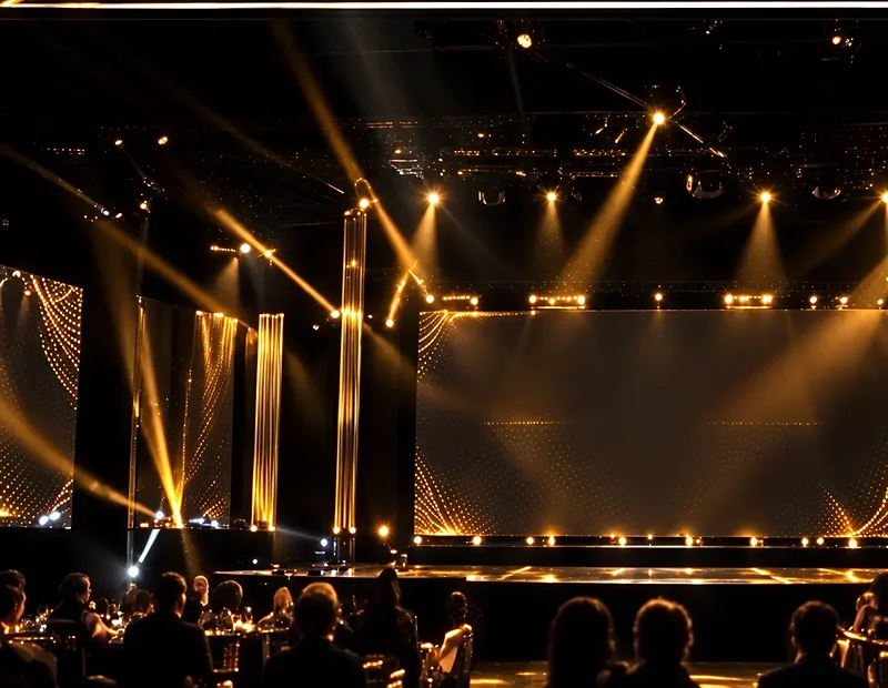 Escenario con pantalla LED y haces de luz dorada
