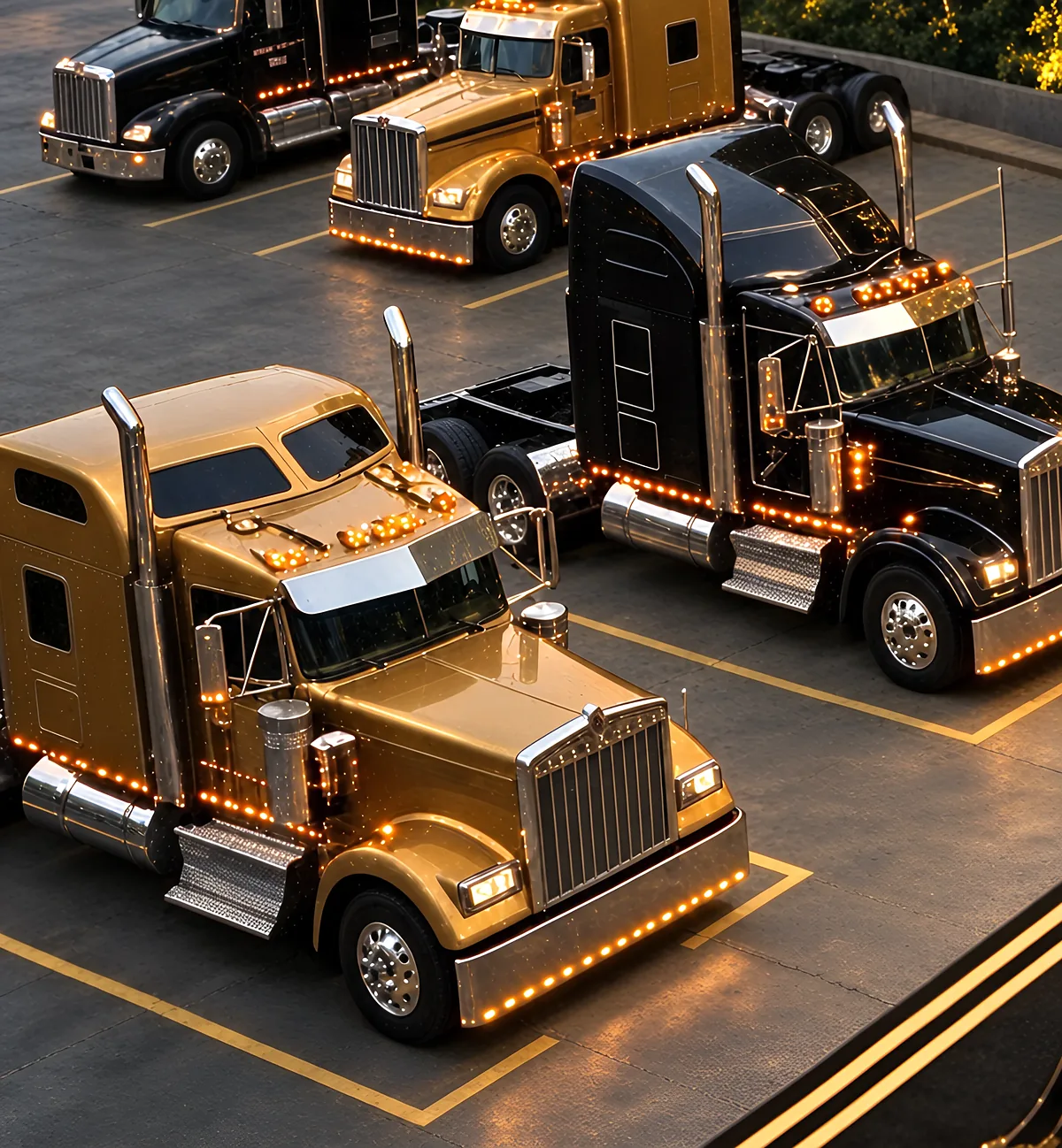 Convoy de camiones dorados y negros con luces encendidas en la llegada de la gala