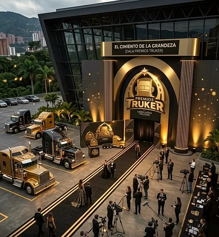 Kimera Centro de Eventos con tractomulas de exhibición y alfombra de llegada iluminada en dorado