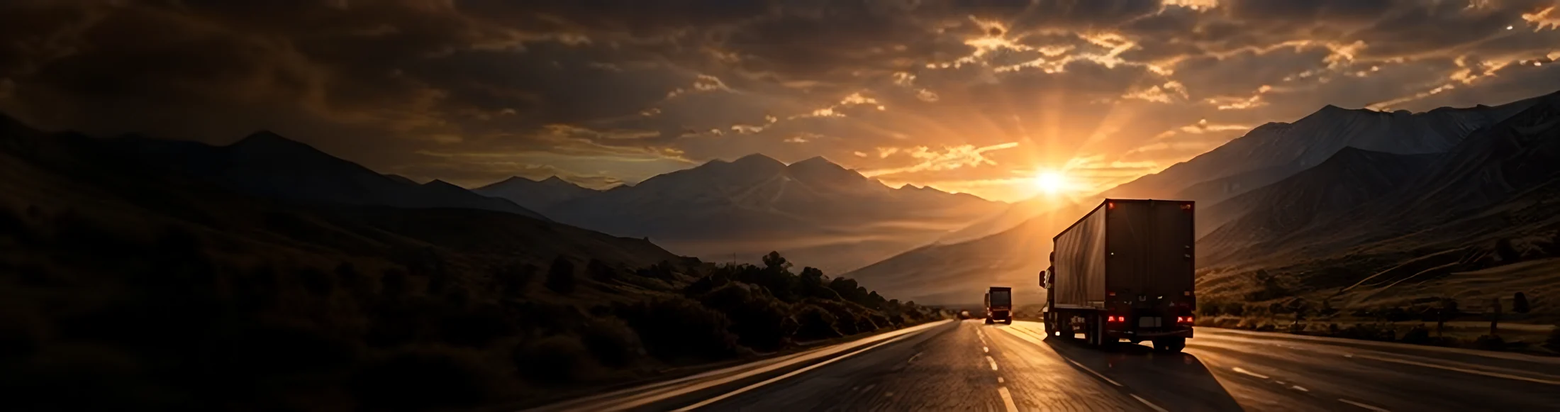 Tractomulas avanzando por una carretera de montaña al atardecer